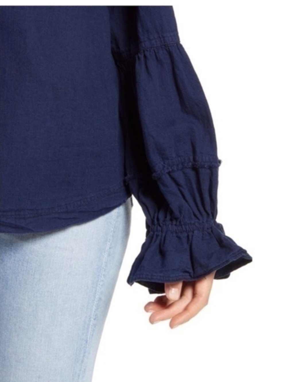 Free People Tie Neck Top Navy Long-Sleeve Ruffle Peasant Size Medium - Picture 4 of 7